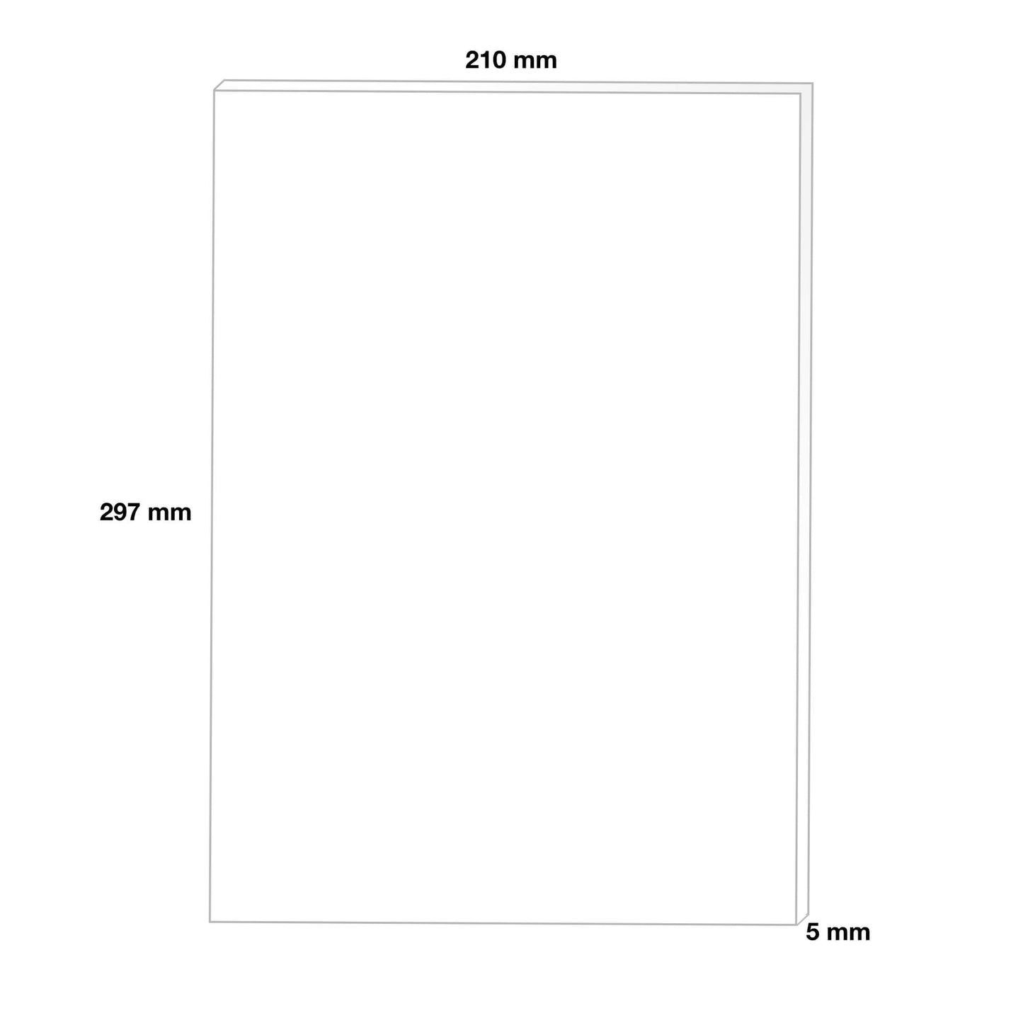 A single foam board showing dimensions: 210mm width x 297mm height x 5mm thickness. The diagram shows a simple rectangular board with its edges and thickness clearly marked