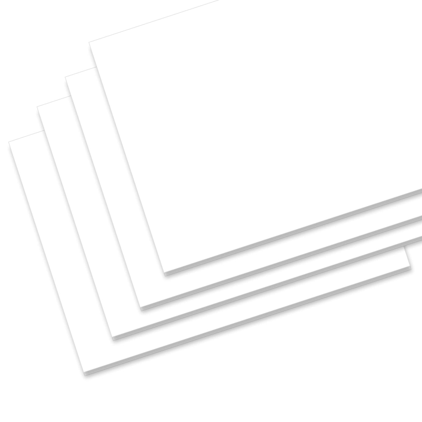 Four white foam boards stacked and overlapped in a cascading arrangement against a white background, highlighting their clean edges and uniform surface texture